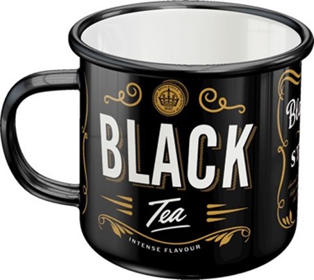 Enamel mok met daarop de tekst: Black tea.