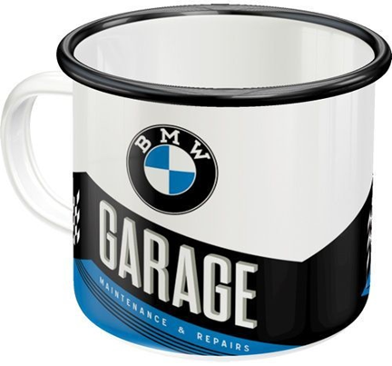 Enamel mok met BMW logo erop en de tekst garage