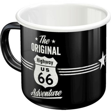 Enamel mok met daarop de tekst: The original highway us 66 adventure