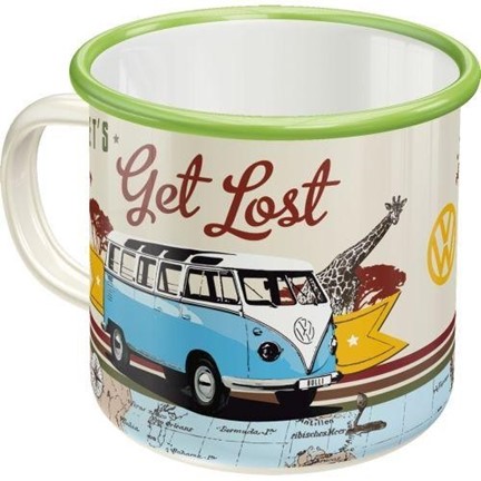 Enamel mok met daarop een afbeelding van een Volkswagen busje.