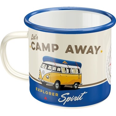 Camper & camping enamel mok met de tekst let's get away en een afbeelding van een Volkswagen busje erop.