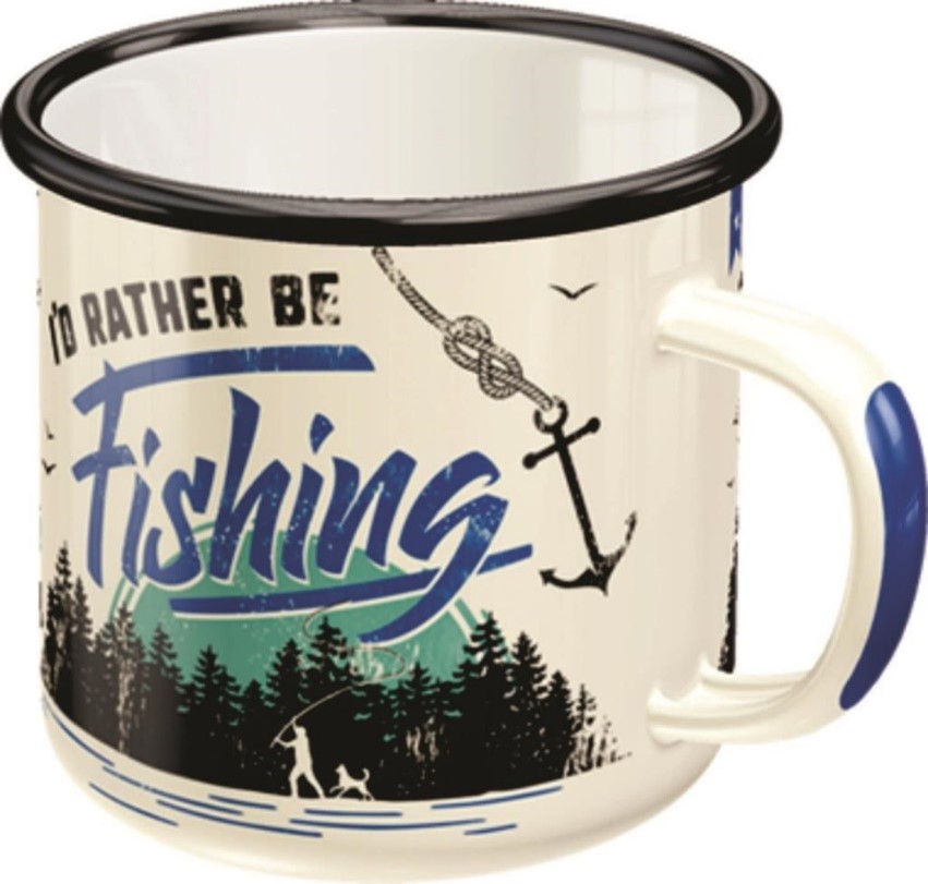 Enamel mok met daarop de tekst: I'd rather be fishing.