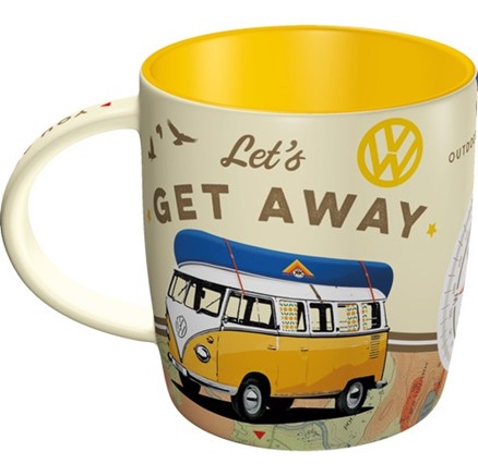 Camper & camping mok. er staat een afbeelding van een Volkswagen busje op en de tekst let's get away.