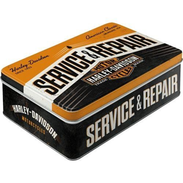 Plat opbergblik met de tekst Service en repaire Harley-Davidson motor cycles trade mark erop