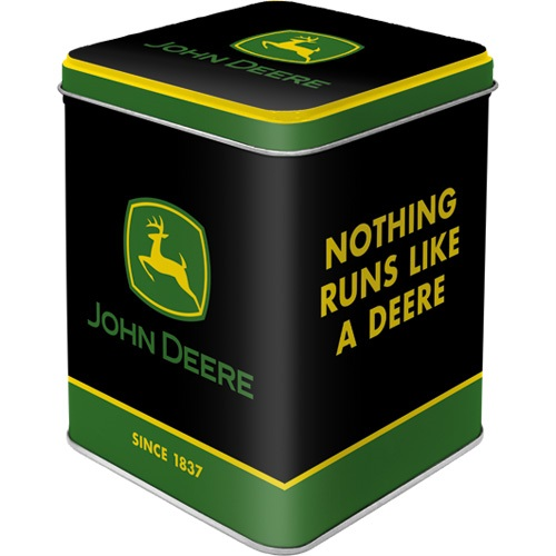 Theeblikje met daarop de tekst: John deere, nothing runs like a deere. Trekker artikelen