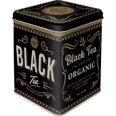 Theeblikje met daarop de tekst: Black tea.