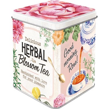 Theeblikje met daarop de tekst: herbal blossom tea.